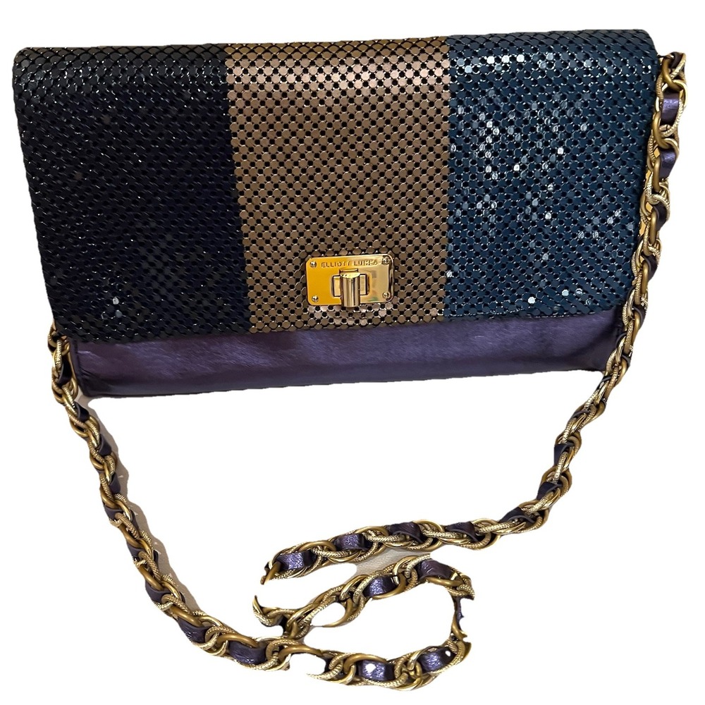 Elliott Lucca Leather Mesh Envelope Clutch + Removable Strap Gold Turn Lock Glam